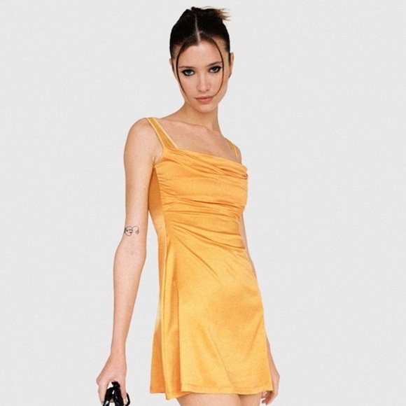 NWT Miaou Ginger Silky Draped Ruched Cowl Sleeveless Mini Dress Mustard Yellow - Picture 3 of 12